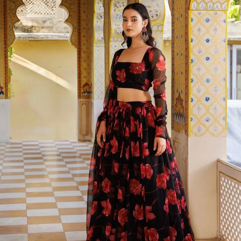 Twirl-worthy and oh-so-chic, our Scarlett Rose lehenga set is pure perfection.. Introducing the Scarlett Rose Black and Red Floral Printed Chiffon Lehenga Set, a perfect choice for festive and partywear. This striking black lehenga set features vibrant red floral prints on luxurious chiffon fabric, blending elegance with comfort. Shop now www.ragavi.in #ragavi #ragavijaipur #womenwear #womencollection #ethnicwear #indianwear #festivewear #weddingwear #lehengalove #newarrvials #newcollect... Lehenga Outfit, Chiffon Lehenga, Scarlett Rose, Black Lehenga, Quick Outfits, Rose Black, Simple Trendy Outfits, Style Mistakes, Wedding Wear