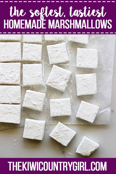 Step by step instructions to show you how to make easy homemade marshmallows without corn syrup! Perfect for s'mores, hot chocolate or as a homemade Christmas gift idea! You could even add colour or flavours! #thekiwicountrygirl #marshmallows #madefromscratch #candy #summer #smores #hotchocolate #homemadegift Marshmallows Without Corn Syrup, Summer Smores, Make Marshmallows, Homemade Marshmallow Recipe, Homemade Christmas Gift, Flavored Marshmallows, How To Make Marshmallows, Candy Truffles, Recipes With Marshmallows