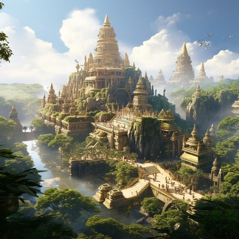 A sprawling ancient citadel nestled amidst lush tropical jungles, inhabited by a civilization led by a ruler reminiscent of King Ravana. Dive into the architecture, culture, and mystique of this fictional kingdom Ravana Palace, King Ravana, Jungle Temple, Ancient Pyramids, Dragon Silhouette, Ancient Kingdom, Tropical Architecture, Jungle Art, Story Of The World