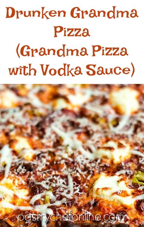 This Grandma Pizza recipe with vodka sauce for the pizza sauce is also known as drunken grandma pizza! It's a homemade pizza recipe that makes enough to serve a crowd. Use homemade vodka sauce or start with store bought. Either way, this pizza recipe is a winner! #grandmapizza #homemadepizza #vodkasaucepizza #pastrychefonline Pizza Recipes Chicken, Bbq Pizza Recipes, Cheese Pizza Recipes, Grandma Pizza, Homade Pizza Recipes, Boboli Pizza Recipes, Sausage Pizza Recipe, Homemade Vodka, Homemade Vodka Sauce