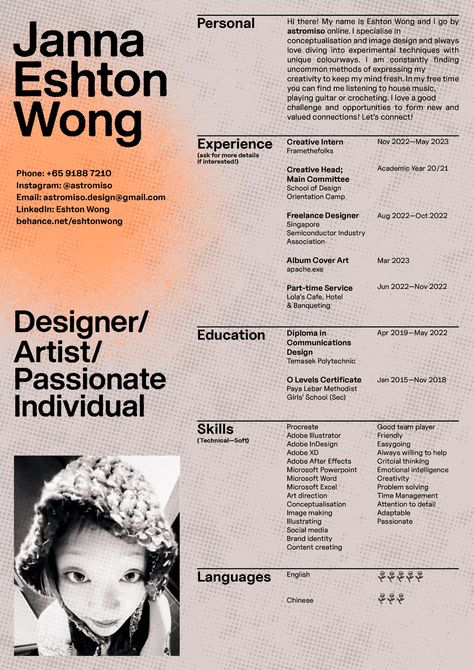 Graphic Design Curriculum Vitae, Graphic Design Cv Portfolio, Unique Cv Design, Interior Design Resume Examples, Art Cv Design, Art Director Resume Design, Aesthetic Resume Template, Fashion Cv Examples, Graphic Cv Design