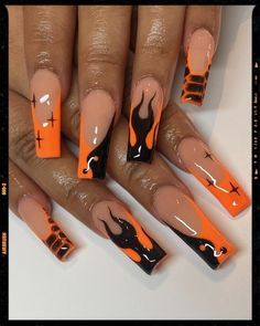 Nails Halloween Orange And Black, Halloween Red Acrylic Nails, Black And Orange Flame Nails, Fall Nails Orange And Black, Pink Orange And Black Nails, Orange Flames Nails, Fall Flame Nails, How To Flame Nails, Orange Flame Acrylic Nails