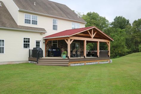 A-frame post & beam roof with standing seam metal roof - Sellersville PA Deck With Metal Roof, Beam Covering Ideas, Basement Pole Ideas, Rustic Sunroom, Beam Ideas, Vaulted Ceiling Beams, Awning Over Door, Deck Roof, Deck Cost