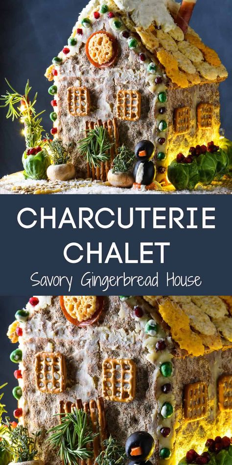 Charcuterie Houses, Gingerbread Structures, Charcuterie House, Charcuterie Chalet, Christmas Chalet, Snack Tables, Homemade Gingerbread House, Cracker House, Holiday Entertaining Food