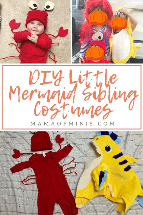 DIY Little Mermaid Sibling Costumes Sebastian The Crab Costume, Homemade Flounder Costume, Eel Costume Diy, Sebastian Crab Costume Diy, Diy Ariel Costume Kids, Diy Sebastian Costume, Little Mermaid Family Costume Halloween, Sebastian Costume Little Mermaid, Diy Crab Costume