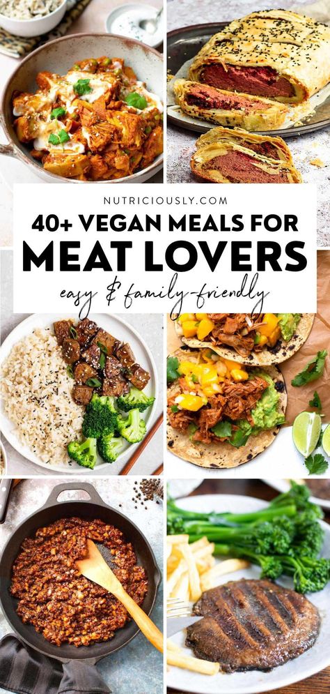 These are the best vegan meals for meat lovers with lots of flavor, texture and protein. From meatloaf to meat balls, homemade ribs, bacon and roast, tacos carnitas, beef stew and spaghetti bolognese, these easy and flavorful recipes will truly be a success! Vegan Meal For Meat Eaters, Easy Vegan Gf Meals, Plant Based Recipes For Meat Lovers, Vegan Recipes For Meat Eaters, Vegan Meat Replacement Recipes, Vegan For Meat Lovers, Vegan Meals For Meat Lovers, Meals Without Red Meat, Vegetarian Recipes For Meat Lovers