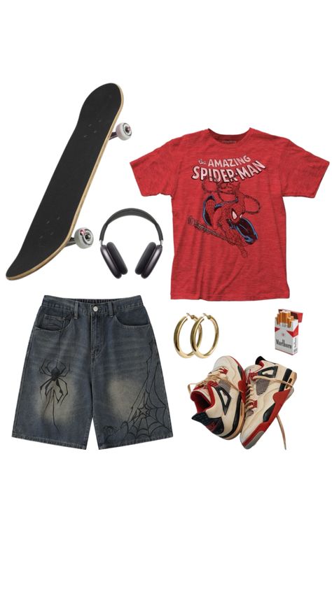 #fashion #colorful #outfitinspo #vintage #spiderman #spidermanaesthetic #skater #skateboarding #ootd #ootdinspo #ootdideas #tomboy #shorts #summer #fashioninspo #outfitideas Man Outfits Ideas, Spider Man Outfits Ideas, Spider Man Outfits, Tomboy Core, Tomboy Shorts, Vintage Spiderman, Skater Shorts, Nyc Fits, Street Fashion Men Streetwear