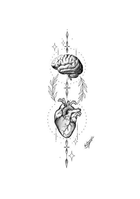 Heart And Brain Scale Tattoo, Drawing Ideas Heart, Psychology Tattoo, Meaningful Drawing Ideas, Thigh Piece Tattoos, Meaningful Drawing, Balance Tattoo, Brain Tattoo, Saved Tattoo