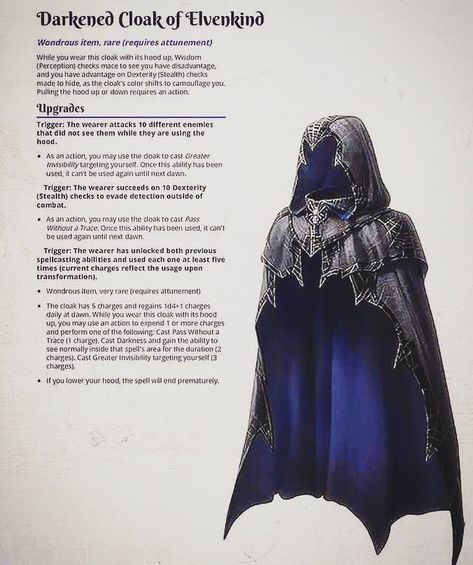 𝕯𝖚𝖓𝖌𝖊𝖔𝖓𝖘 𝖔𝖋 𝕯𝖔𝖔𝖒 on Instagram: “Welcome to #WizardWednesday 🧙‍♂️ • The Darkened Cloak of Elvenkind is a rare and wondrous item passed down by thieves and scallywags…” Dnd Magic Cloak, Dnd Cloak Item, Cloak Of Elvenkind, Dnd Cloak, Dnd Armor, 5e Items, Dm Ideas, Magic Armor, Dnd Stories