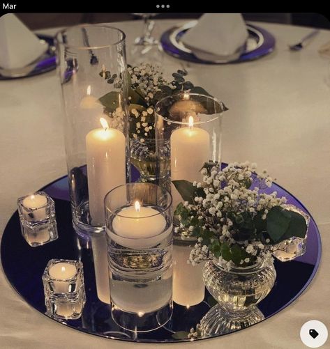 Circle Mirror Centerpiece, Wedding Mirror Centerpieces, Mirror Base Centerpiece, Black And White Photo Centerpieces, Candle And Mirror Centerpieces Wedding, Mirror Centerpiece Wedding, Mirror Candle Centerpiece, Mirror Centerpiece Ideas, Silver Centerpieces