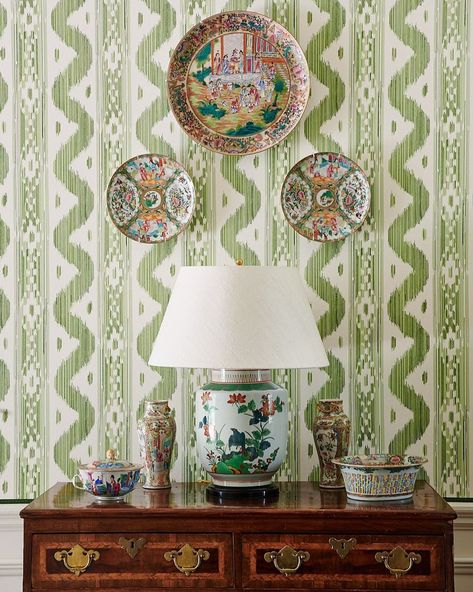 Bali Hai Wallpaper, Southern Entryway, Quadrille Bali Hai, Mark D Sikes Interiors, Wallpaper Layers, Quadrille Fabric, Green Ikat, Mark D Sikes, Bali Hai