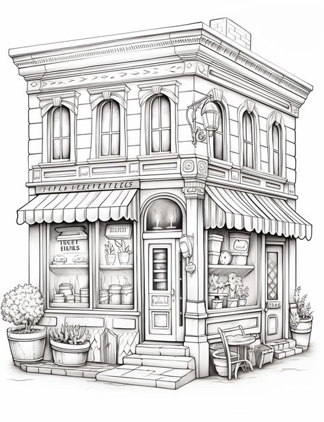 Coloring Sheets For Adults, Town Drawing, Shop Sketch, Bujo Art, Colouring Sheets For Adults, Coloring Pages Adult, Front Shop, Architecture Drawing Sketchbooks, Colour Architecture