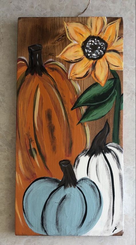 Fall Painted Wood Signs, Fall Paintings On Wood Easy, Sip And Paint Fall Ideas, Fall Art On Canvas, Canvas Pumpkin Painting Ideas, Thanksgiving Canvas Painting Easy, Fall Painted Signs On Wood, Fall Paintings On Canvas Easy Tutorial, Acrylic Fall Paintings Easy