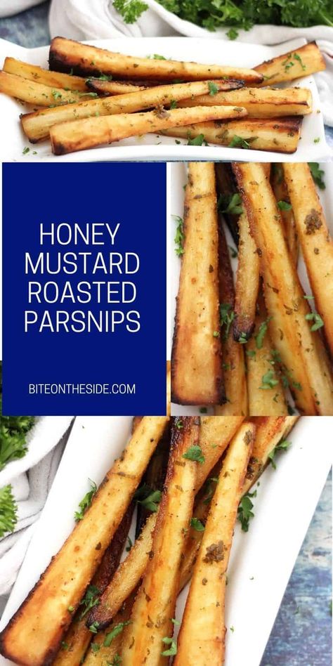 These sweet and tangy oven roasted parsnips are sure to tickle your tastebuds. They make for the perfect side dish for any roast dinner, and are sure to be the star of the show. Add some flavor to your table with these honey and mustard parsnips. Gluten Free Recipes Side Dishes, Roasted Parsnips, Gluten Free Sides Dishes, Honey Mustard Sauce, Roasted Mushrooms, Roast Dinner, Vegetable Sides, Perfect Side Dish, Parsnips