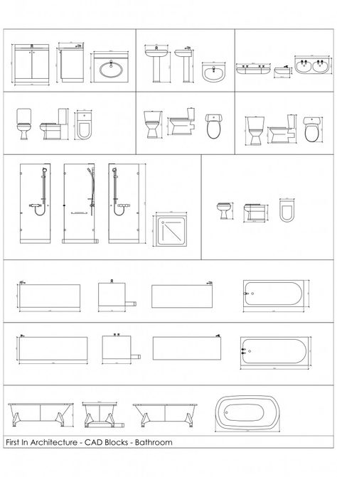 Free Cad Blocks - from First In Architecture. Bathrooms Floor Plan Symbols, Architecture Symbols, Interior Design Sketchbook, Elevation Drawing, Architecture Drawing Plan, Interior Architecture Drawing, Interior Design Drawings, Interior Design Sketches, Architecture Design Sketch