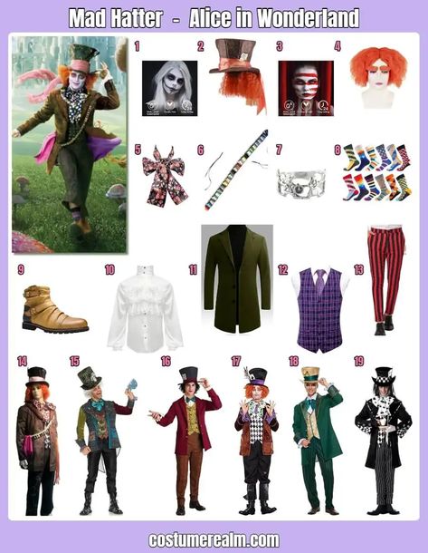 How To Dress Like Mad Hatter Guide For Cosplay & Halloween Madd Hatter Outfits, Mad Hatter Outfit Ideas For Men, Easy Mad Hatter Costume Men, Max Hatter Costume, Johnny Depp Mad Hatter Costume, Mad Hatter Cosplay Diy, Alice In Wonderland Male Version, Mad Hatter Inspired Outfit Men, Mad Hatter Cosplay Men