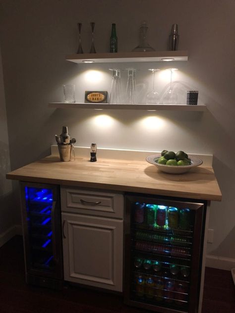 The Best NewAir Home Beverage Fridge, Bar None Wine Station, Building A Home Bar, Recessed Shelves, Semi Custom Cabinets, Bar None, Chill Drinks, Beverage Fridge, Butcher Block Counter, Home Bar Design