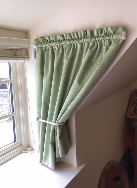 Dormer Window Dressing, Dormer Rod Curtains, Curtains For Dormer Windows, Dormer Window Curtain Ideas, Dormer Window Treatments, Dormer Window Interior, Dormer Window Curtains, Attic Window Curtains, Dormer Curtains