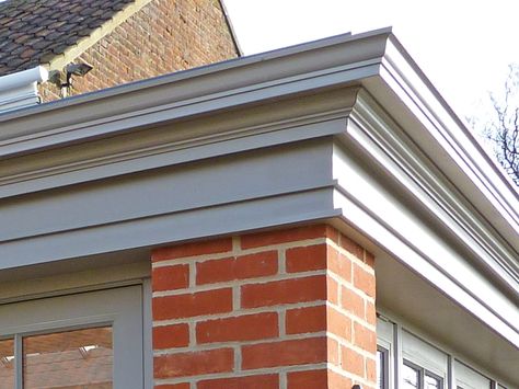 Orangery Fascia | Just Roof Lanterns Roof Facia Ideas, Decorative Facia Boards, Replacing Fascia Boards, Flat Roof Ideas, Parapet Roof, Roof Fascia, Oak Frame Flat Roof Extension, Flat Roof Extension Guttering, Wood Technology