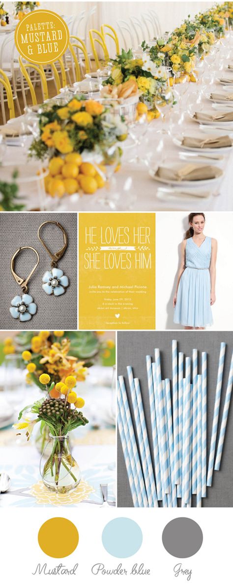 Lovely Wedding Magazine blog: Colour palette: mustard & powder blue Mustard Wedding Theme, Trendy Wedding Colors, Blog Color Palette, Powder Blue Wedding, Mustard Wedding, Mustard Powder, Best Wedding Colors, Yellow Theme, Wedding Color Inspiration