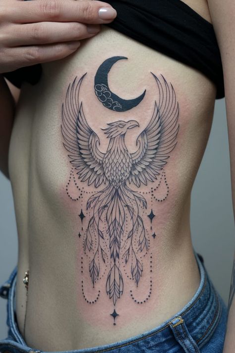 Phoenix and Crescent Moon Phoenix Feather Tattoos, Phoenix Tattoo Ideas, Dahlia Tattoo, Heart Tattoo On Finger, Small Phoenix Tattoos, Peace Tattoos, Empowering Tattoos, Camera Tattoos, Celestial Tattoo