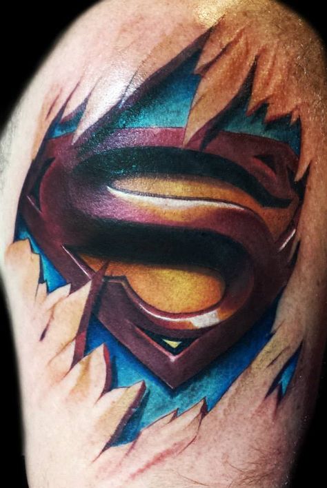 Color, Super Man Logo Tattoo Coming Through Skin Super Man Logo Tattoo, Super Man Tattoo Design, Neon Tattoos, Aj Tattoo, Superman Tattoos, Justice Logo, Neon Tattoo, Man Tattoo, 3d Words