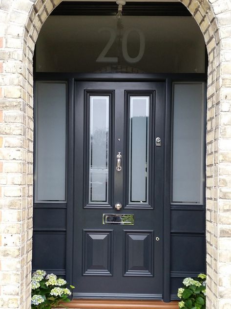 Victorian Front Door with sidelights and satin glass with clear pin stripe Victorian Front Door, Timber Front Door, Front Doors Uk, Victorian Front Doors, Black Front Door, Georgian Doors, Composite Front Door, Traditional Front Doors, Metal Front Door