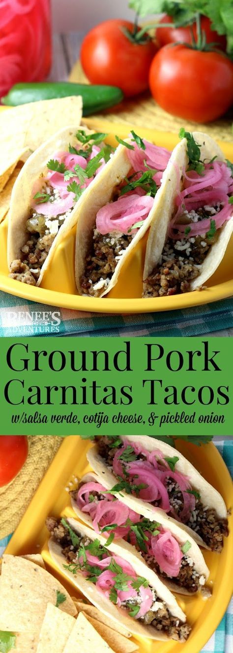 Ground Pork Carnitas Tacos | Renee's Kitchen Adventures - easy recipe made with seasoned ground pork, salsa verde, cotija cheese, cilantro and pickled onions for carnitas in about 30 minutes! Perfect dinner or lunch recipe to celebrate Cinco de Mayo! Pork Salsa Verde, Ground Pork Tacos, Pork Carnitas Tacos, Dinner Pork, Ground Pork Recipes, Carnitas Tacos, Slow Cooked Pork, Pork Carnitas, Cotija Cheese