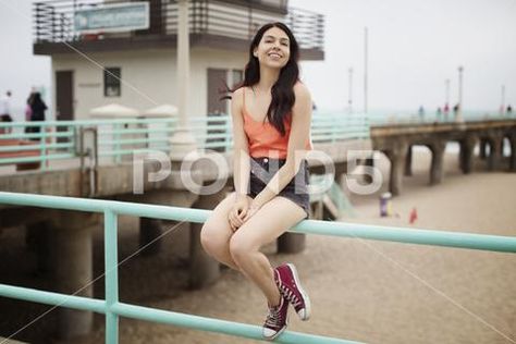 Sitting Poses, Windy Day, Happy Women, Model Release, Real People, Railing, Pose Reference, Artist Inspiration, Stock Photos