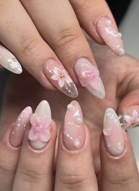 Nails Inspiration With Flowers, Short Nails Acrylic Almond Designs, Pink Nails With Cute Design, Summer Prom Nails, Summer Gel X Nails Ideas, Summer 2024 Acrylic Nails, Nails For Summer Almond, Prom Nail Ideas Acrylics, Gel Flower Nail Designs