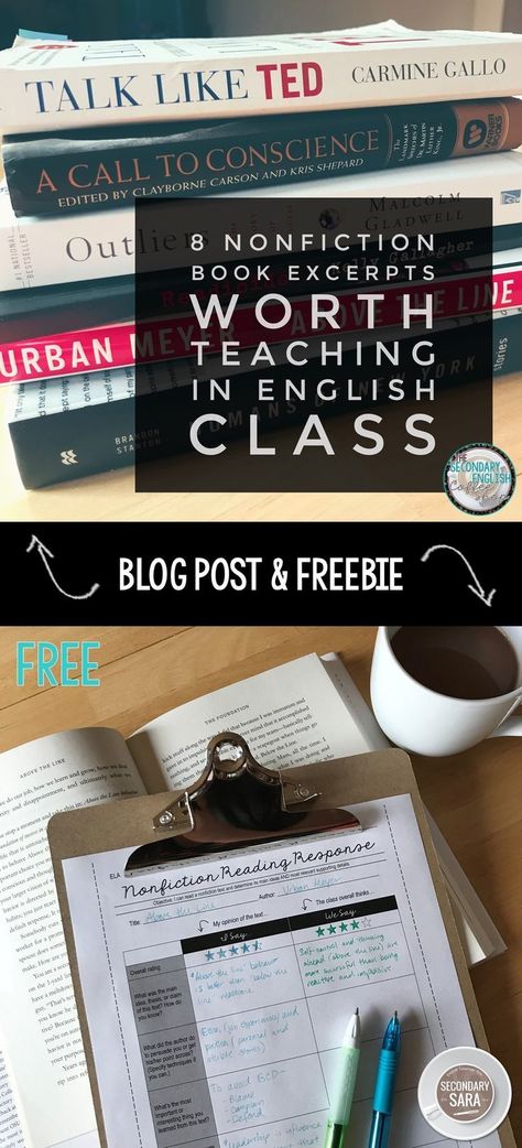 Blog Post: 8 Nonfiction Books you can EXCERPT for a middle or high school English class (with FREE reading response activity!) Reading Response Activities, Ap Lang, Teaching High School English, Teaching Literature, Secondary English, High School Ela, Language Arts Classroom, Teaching Ela, 9th Grade