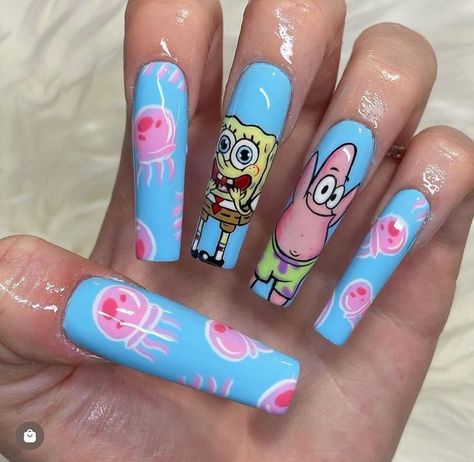 Spongebob Nail Art, Crazy Acrylic Nails, Nail Contest, Spongebob Nails, Cartoon Spongebob, Sandy Cheeks, Mr Krabs, Nail Salon Design, Nail Art Disney