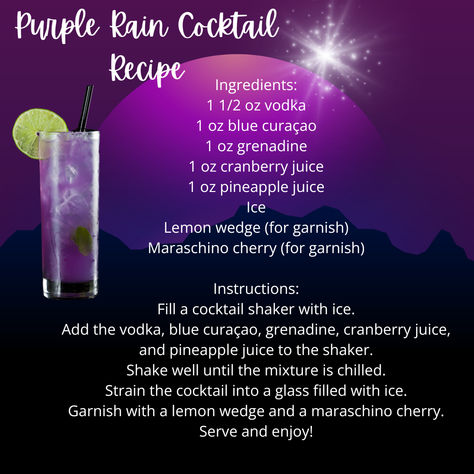 Sip into serenity with the mesmerizing Purple Rain Cocktail! This vibrant drink combines vodka, blue curaçao, grenadine, cranberry, and pineapple juice for a burst of fruity delight. Garnished with a lemon wedge and cherry, it’s the perfect blend of beauty and flavor. Ideal for summer parties or a stylish evening in. Cheers to color and taste! 🌸🍹✨  #PurpleRainCocktail #CocktailRecipe #DrinkUp #MixologyMagic #CocktailTime #SummerSips #HappyHour #PartyDrinks #ColorfulCocktails Purple Rain Cocktail Recipes, Purple Rain Drink, Cranberry And Pineapple, Cocktails With Blue Curacao, Purple Rain Cocktail, Rain Cocktail, Lemonade Punch Recipe, Vodka Blue, Lemonade Punch