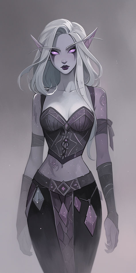 Dnd Dhampir Female, Dark Elf Female Character Design, Drow Sorcerer Female, Tiefling Monk Female, Elfs Drawing, Science Fiction Character Design, Dnd Asamir, Scifi Elf, Elf Oc Character Design