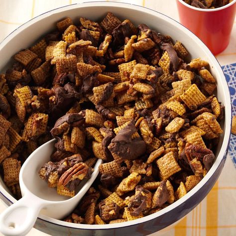 My crowd-pleasing party mix is buttery, chocolaty and nutty. The recipe yields a party-sized portion, but I recommend keeping it covered so it doesn’t disappear before the event. —Annette Niemiec, Scottsdale, Arizona Kentucky Derby Appetizers, Chocolate Chex, Pecan Desserts, Chocolate Pecan Pie, Snack Mix Recipes, Candied Bacon, Mix Recipes, Chocolate Pecan, Melting Chocolate Chips