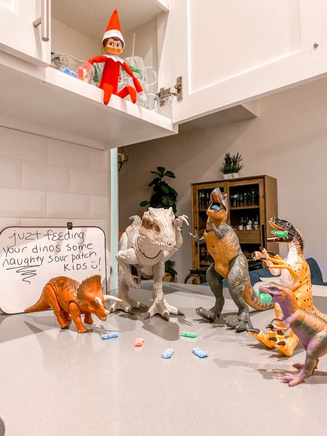 Elf On The Shelf Feeding Dinosaurs, Elf Feeding Dinosaurs, Dinosaur Elf On The Shelf, Elf On The Shelf Sour Patch Kids, Elf Dont Feed The Dinosaurs, Elf On The Shelf Ideas With Dinosaurs, Elf And Dinosaurs, Elf On The Shelf With Dinosaurs, Elf Dinosaur Ideas