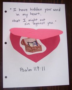 "I have hidden your word in my heart, that I might not sin against you." ~Psalm 119:11 (Needed: white construction paper, red construction paper, bible sticker, markers, scissors.) Kids Worship, Sunday School Projects, Sabbath School, Christian Activities, Children's Church Crafts, Bible Story Crafts, Sunday School Crafts For Kids, Preschool Bible, Bible School Crafts