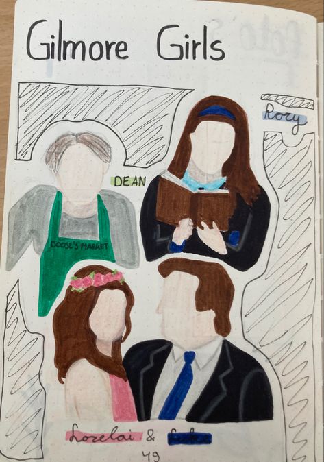 Bullet journal page Gilmore girls #rorygilmore #dean #lorelaiandluke Gilmore Girls Journal Page, Gilmore Girls Drawings, Gilmore Girls Bullet Journal, Gilmore Girls Journal, Girls Drawing, Bulletin Journal, Bullet Journal Page, Bulletin Journal Ideas, Journal Page