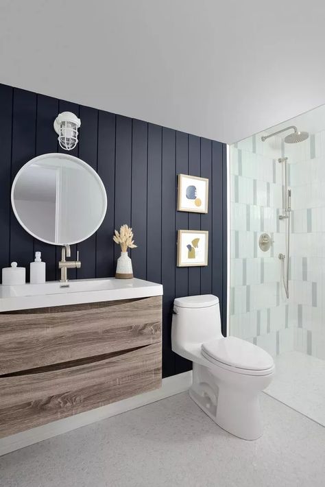 32 Shiplap Accent Wall Ideas For Any Room Attic Bathroom Ideas, Finished Basement Designs, Small Attic Bathroom, Navy Blue Bathrooms, Add A Bathroom, Grey Bathroom Tiles, Shiplap Bathroom, Shiplap Accent Wall, Attic Bathroom