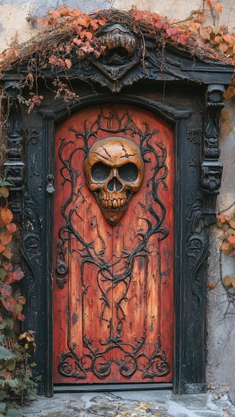 Spooky Doors For Halloween, Fairy Door Pumpkin, Creepy Door Aesthetic, Magic Door Fantasy Portal, Creepy Gates Entrance, Halloween Door Decorations, Halloween Door, Mini Pumpkins, Trick Or Treater