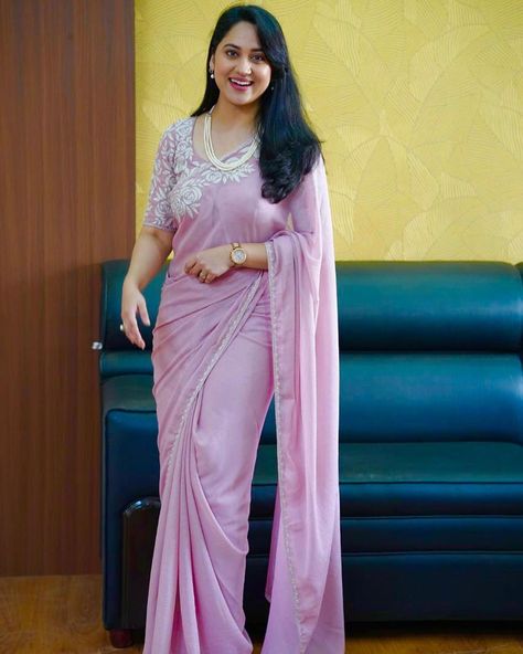 miya george in a pink saree by level 10 boutique for an opening1 Miya George Saree, Pastel Pink Saree, Miya George, Pink Saree Blouse, Telugu Culture, Mia George, Beautiful Sarees, Latest Designer Sarees, Pearl Jewels