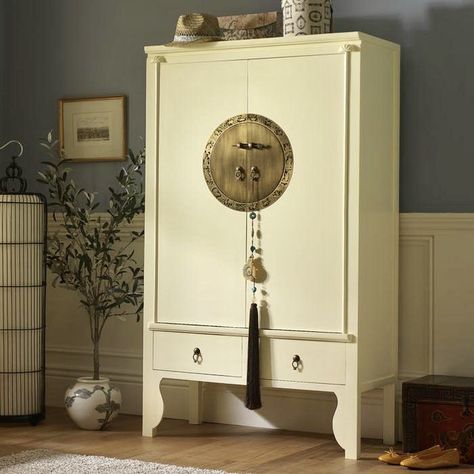 Our beautifully, handcrafted Wedding Cabinet in Cream Lacquer with delightful etched hardware.  Traditionally the cabinets would have been given as part of a Chinese bride's dowry, filled with silks, fabrics or clothes. Use today as a small wardrobe or as a statement piece in a living room.  #sale #wintersale #weddingcabinet #chinesefurniture #luxuryfurniture Chinese Bedroom Ideas, Chinese Cupboard, Asian Cabinet, Wedding Cabinet, Armoire Design, Spanish Home Decor, Chinese Cabinet, Classical Furniture, Asian Interior