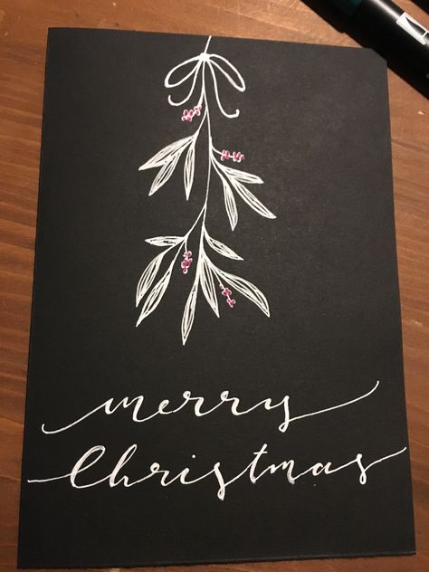 Mistletoe Chalkboard Art, Black Christmas Cards Diy, Black And White Christmas Cards Handmade, Black Christmas Cards Handmade, Mistletoe Christmas Card, Black And White Christmas Cards, Christmas Cards Black, Black Christmas Cards, Calligraphy Christmas Cards