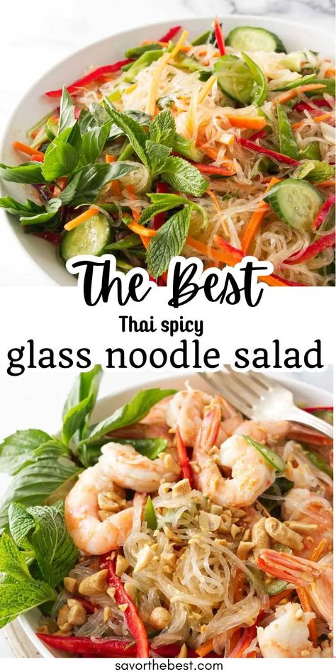 Discover our Glass Noodle Salad, featuring Thai-inspired flavors with shrimp and crunchy vegetables! Served cold, this hearty salad is drizzled with a spicy peanut dressing that packs a bold punch while keeping it cool and refreshing. Perfect as a main dish or a side, this noodle salad is so delicious. Thai Boat Noodles, Thai Salads Recipes, Thai Glass Noodle Salad, Spicy Peanut Dressing, Thai Salad Recipes, Thai Noodle Salad, Glass Noodle Salad, Summer Pasta Salad Recipes, Crunchy Vegetables