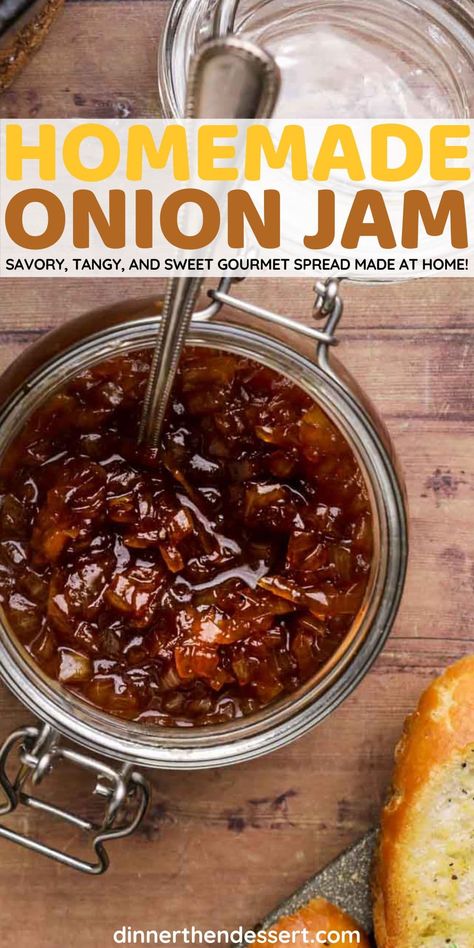 Easy Onion Jam is an easy homemade gourmet spread! Simple recipe for a sweet and savory caramelized onion jam with an amazing depth of flavor. Savory Onion Jam, Caramelized Onion Jam Recipe, Onion Jam Recipe Simple, Onion Jam Appetizer, Melting Onions Recipe, What To Do With Lots Of Onions, Savory Jams And Jellies, Sweet Pickled Onions, Canned Onions Recipe