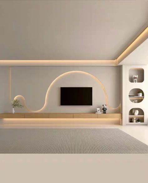 Arch Tv Wall, Curved Tv Unit, Curved Tv Wall, Tv Feature Wall, Tv Unit Interior Design, Minimal Interior Design, Living Room Tv Unit, Interior Design Your Home, Furniture Details Design