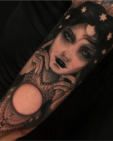 Witch Tattoo Sleeve, Fortune Teller Tattoo, Neotrad Tattoos, Witchy Tattoos, Dragon Tattoo Back Piece, Celestial Tattoo, Dragon Sleeve Tattoos, Traditional Tattoo Sleeve, Witch Tattoo