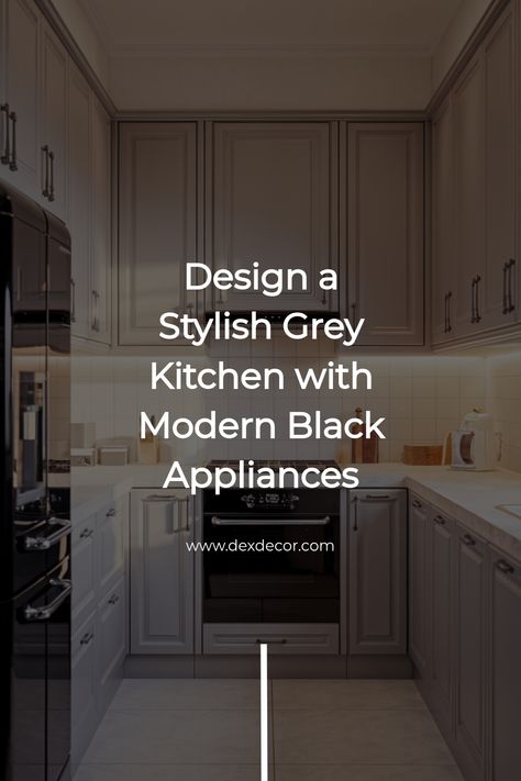 Modern grey kitchen with black appliances and sleek cabinetry. Grey Kitchen With Black Appliances, Kitchen Ideas With Black Appliances, Kitchen With Black Appliances, Art Deco Kitchen Design, Grey Kitchen Ideas, Galley Kitchen Remodel Ideas, Modern Grey Kitchen, Black Appliances Kitchen, Small Kitchen Layouts