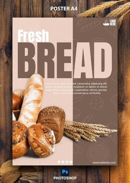 Fresh bread poster template | Premium Psd #Freepik #psd #background #vintage #breakfast #food Bread Ads Creative, Food Template Background, Bakery Poster, Bakery Background, Bread Brands, Vintage Breakfast, Office Things, Vintage Bakery, Church Office