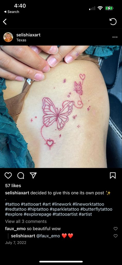 Butterflies With Sparkles Tattoo, Red Sparkle Tattoo, Butterfly With Sparkles Tattoo, Butterfly Thigh Tattoo, Tats Ideas, Sparkle Tattoo, Tattoo 2023, Tiny Tats, Waist Tattoos